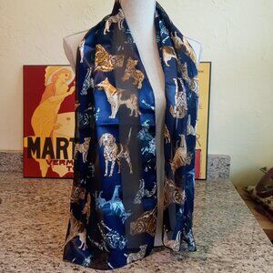 Vintage Blue Striped Scarf with Various Dog Breeds
